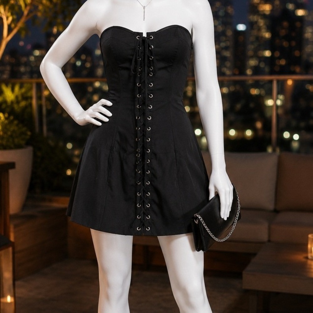 Blowurmind Womens Mini Dress Black Corset Lace Up Back Sweetheart‎ L